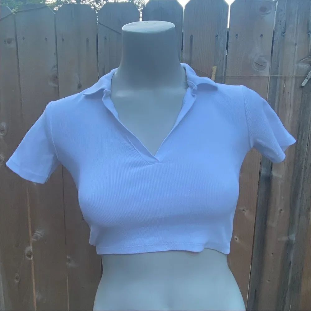 Zara RIB POLO CROP SHIRT in white size small - Picture 2 of 12